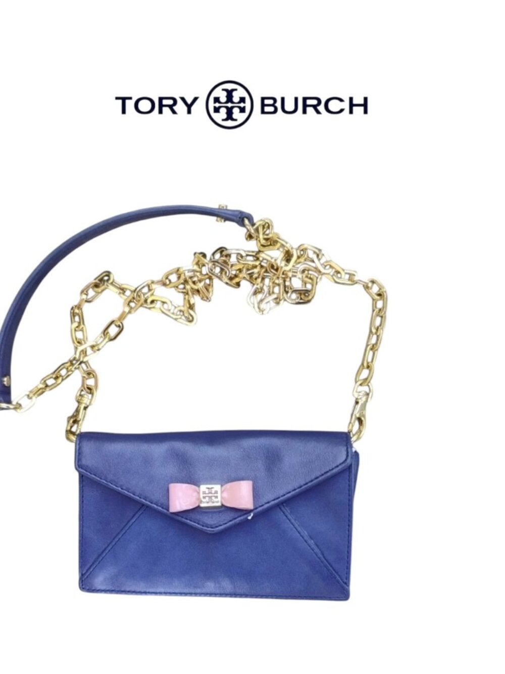 Tory Burch Navy Leather Crossbody Bag with Pink Bow Accent